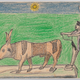 A pictograph depicting the Egyptian sun god. A man stands behind a cow that is being offered a gift by another man.